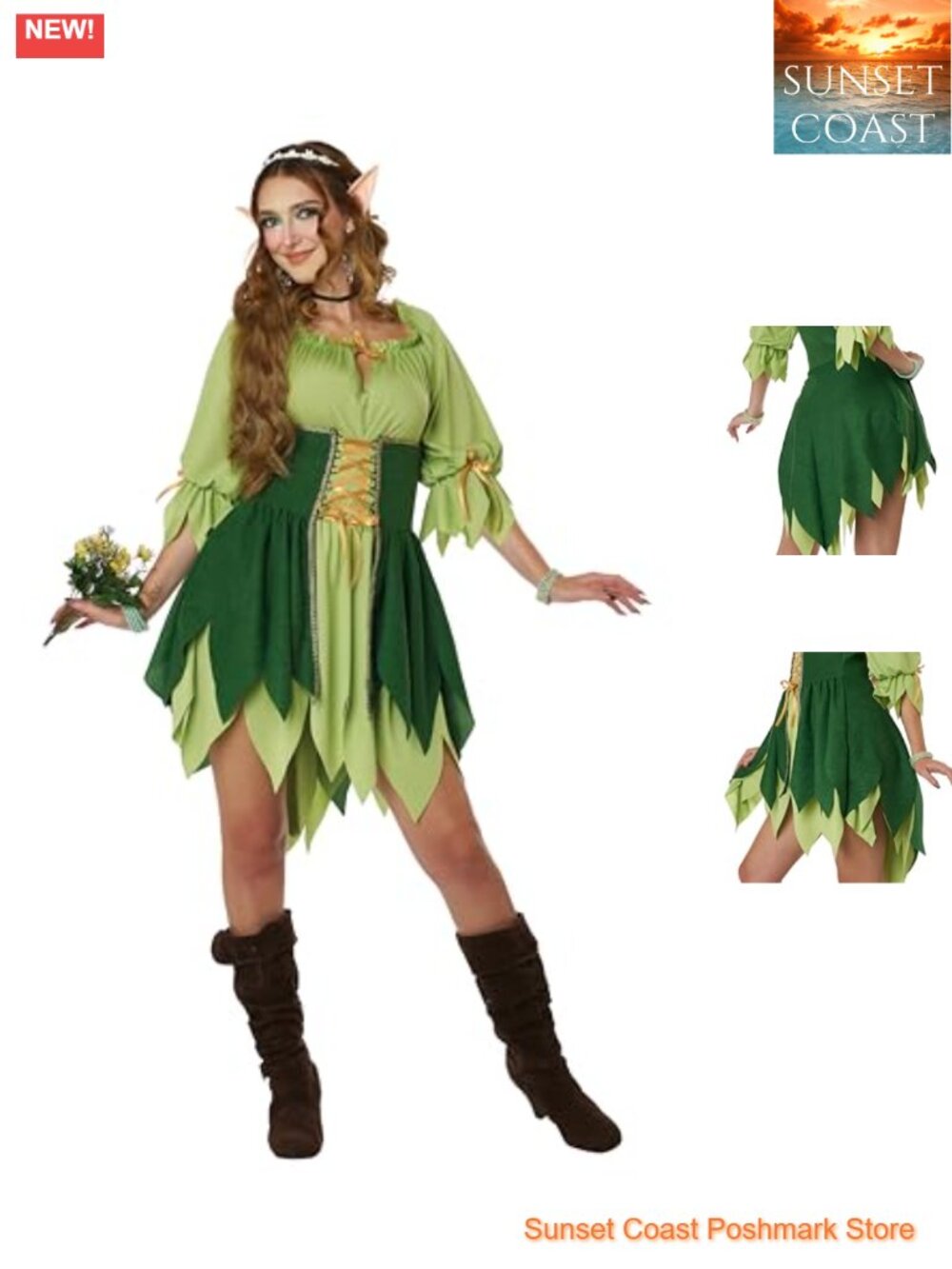 Woodland Elf Costume Dress Corset Skirt Elf Ears Headband Cosplay